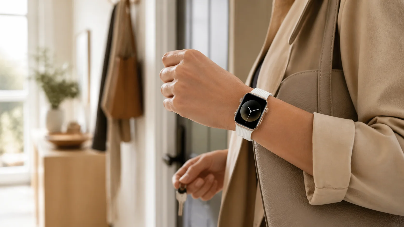 SAYDIAN W8S worn at a bright apartment entryway before the workday