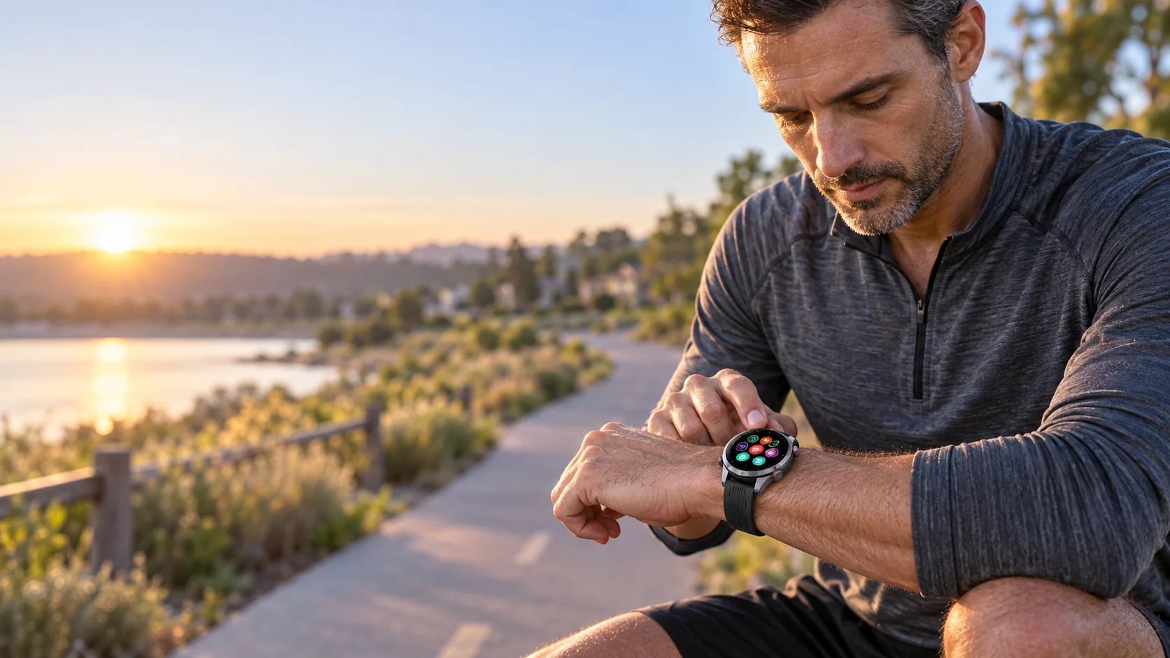 Runner checking a SAYDIAN W8 smartwatch on a sunrise running path