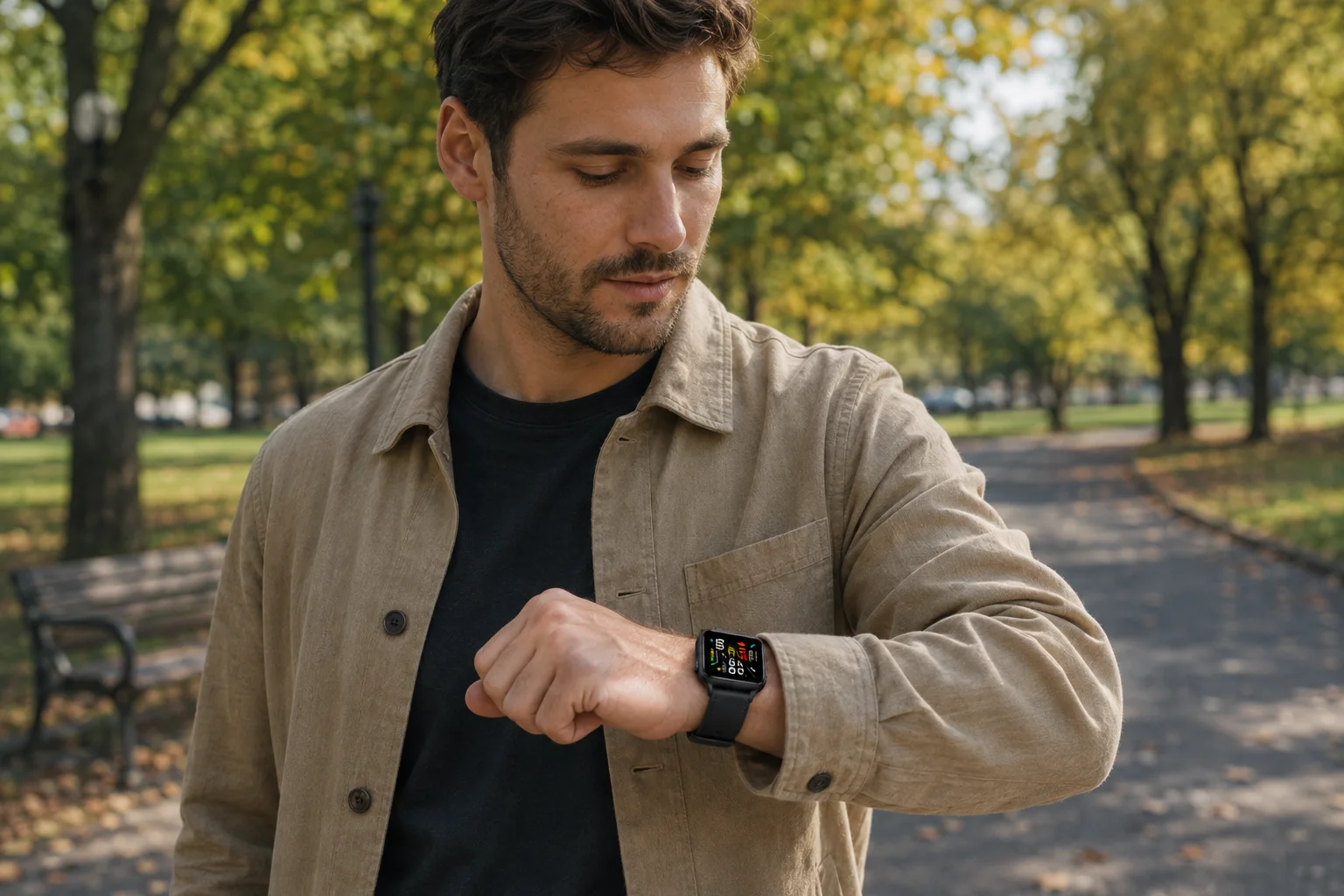 B8 wearer reviewing a personal routine on a quiet park walk