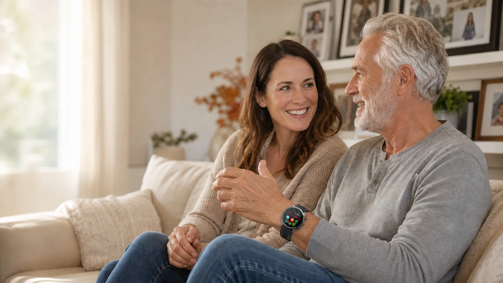 An older father wearing the SAYDIAN W8 talks with his adult daughter in a bright family living room.
