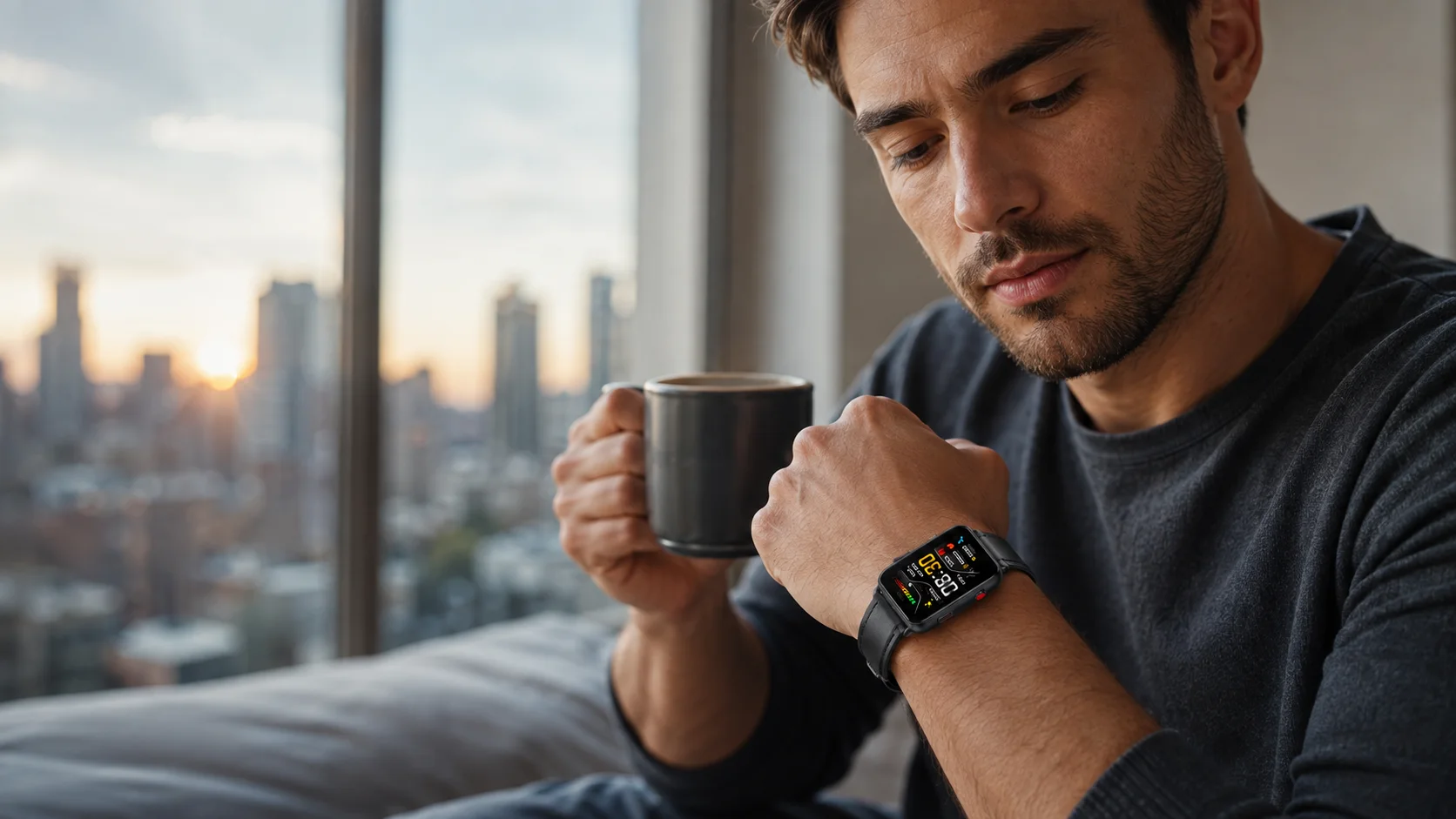B8 smart band on a wrist during a thoughtful morning check-in