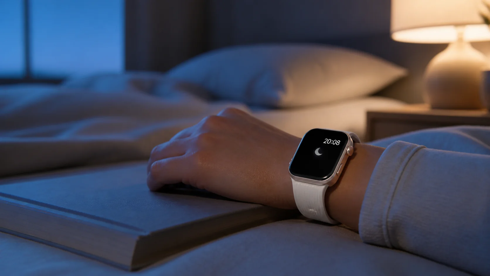 SAYDIAN W8S with a white ridged strap beside a bedside book at blue hour