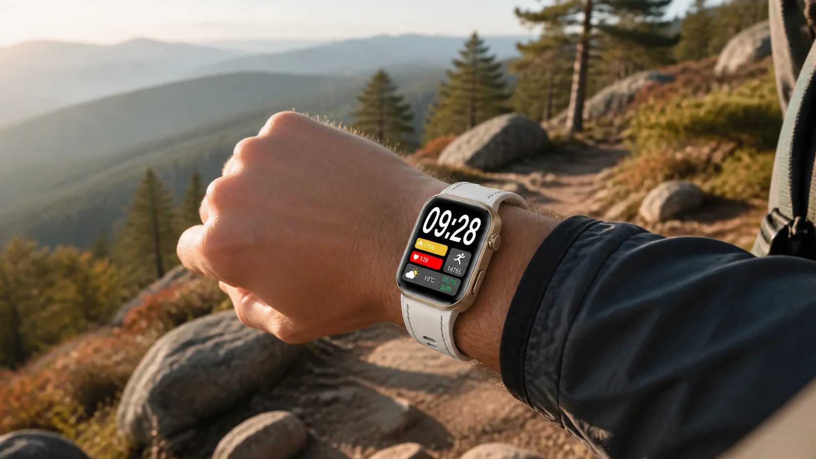 SAYDIAN W8 Ultra on a hiker’s wrist at a sunlit mountain overlook