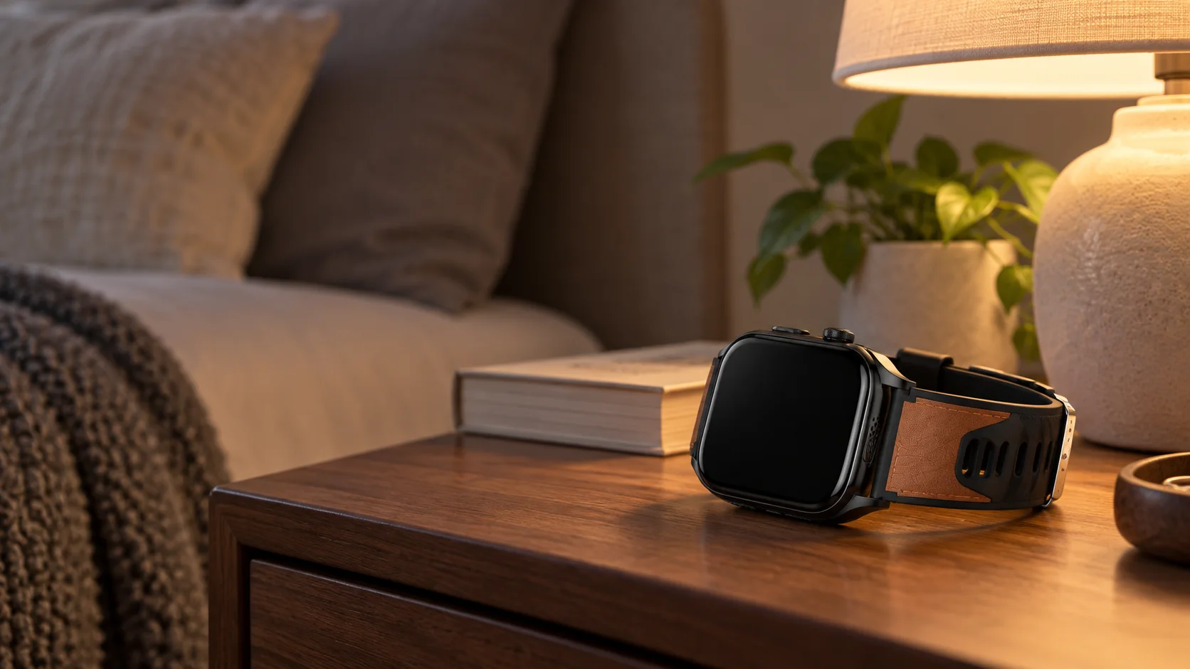 Black W7 PRO smartwatch on a softly lit bedside table
