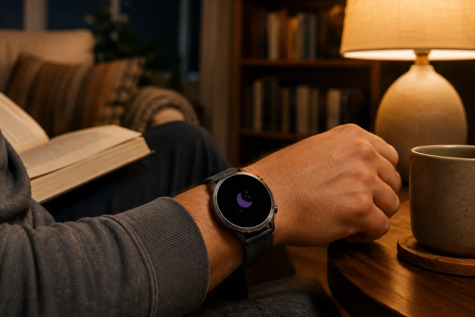 The SAYDIAN W8 is worn during a quiet evening reading routine beside a warm lamp.
