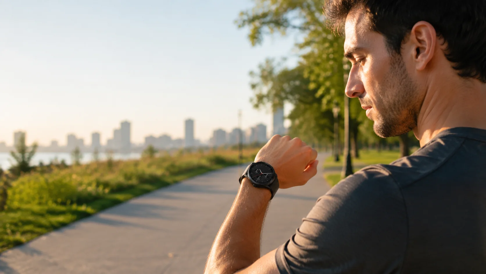 A runner checks a black SAYDIAN S8 smartwatch on a sunlit park path.