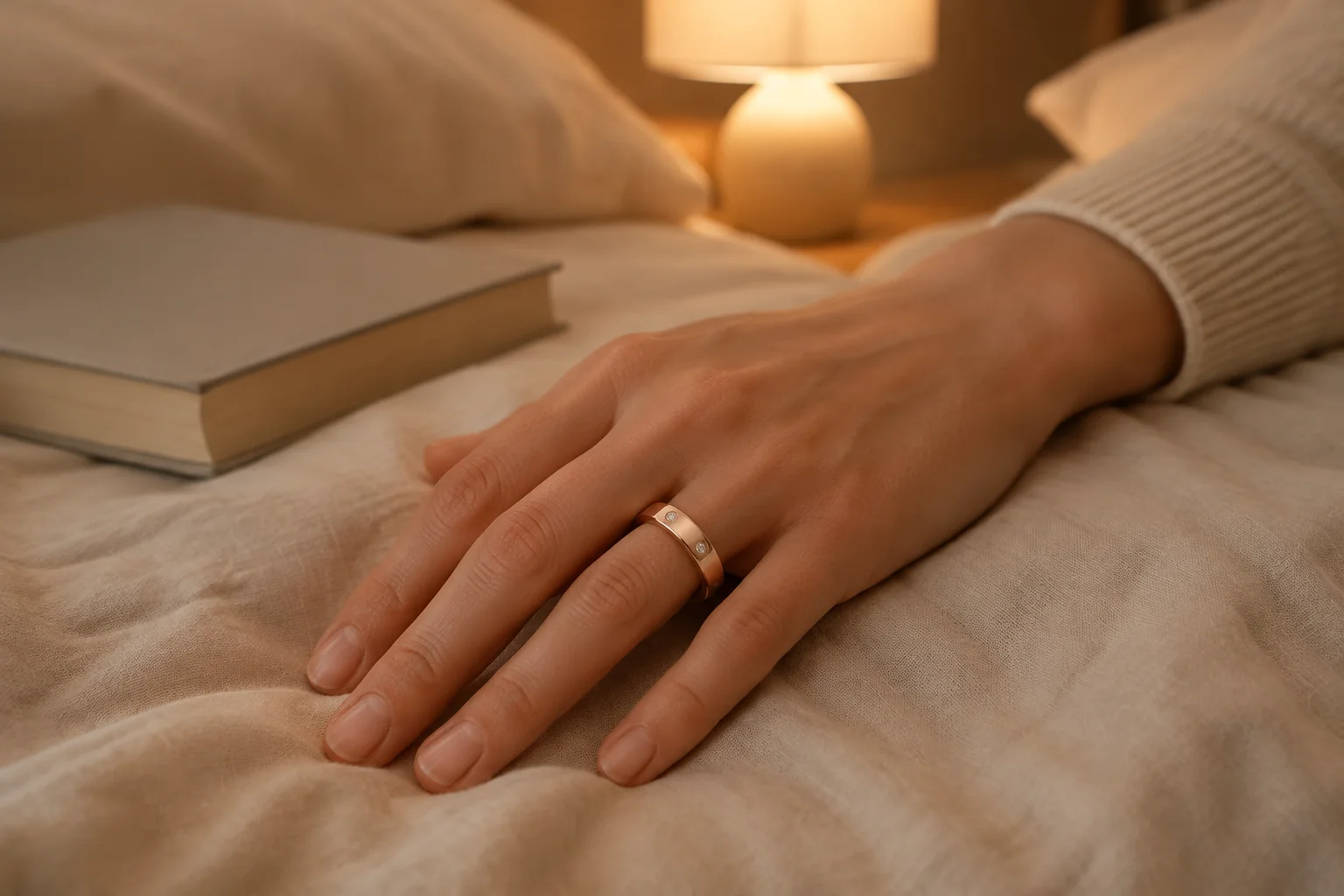A rose-gold SAYDIAN R7Y smart ring beside a laptop during focused desk time