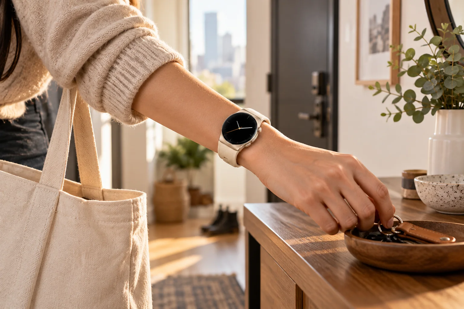 W8 Ultra-R inflatable cuff smart watch worn in a warm apartment entryway