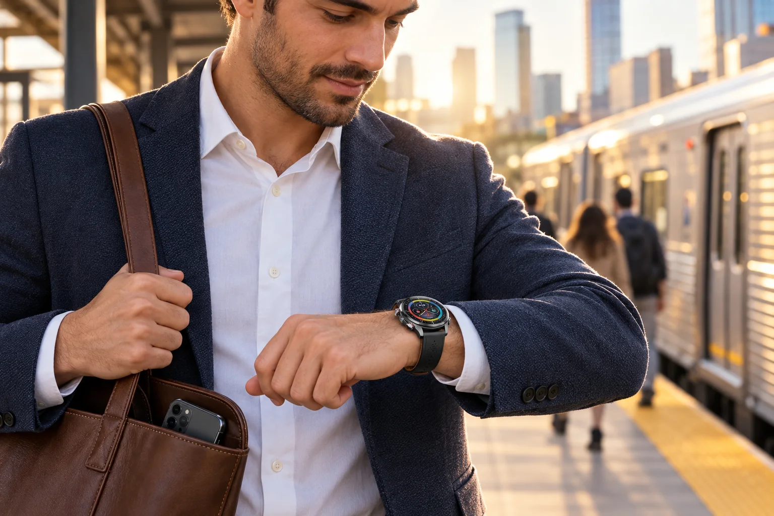 Commuter checking SAYDIAN E8 at a city rail platform