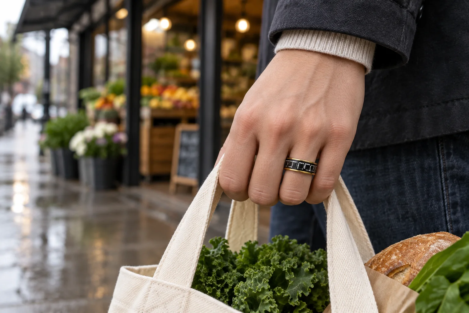 SAYDIAN R7 smart ring on a commuter's hand at a market