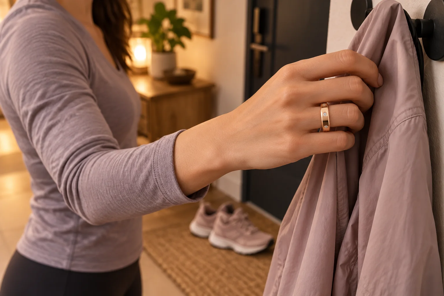 SAYDIAN R7Y smart ring in a warm evening post-run routine
