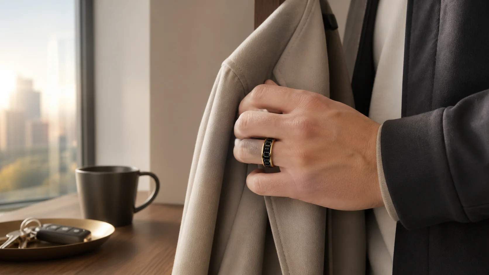 SAYDIAN R7 smart ring worn in a modern city apartment entryway