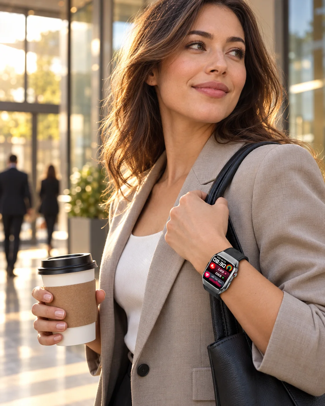 SAYDIAN W9S worn with a tailored work outfit outside a modern office