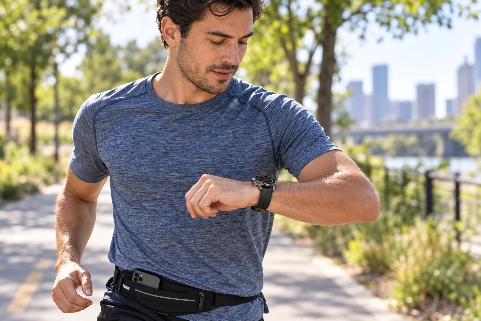 Runner checking SAYDIAN E8 on a sunny neighborhood greenway