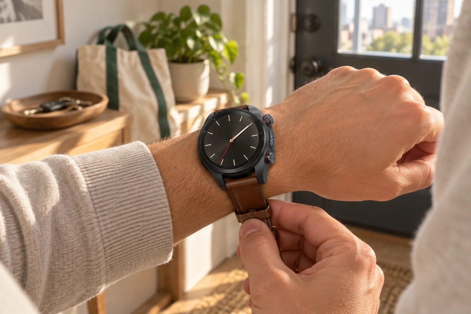 SAYDIAN E8 with a brown stitched strap in a sunlit entryway