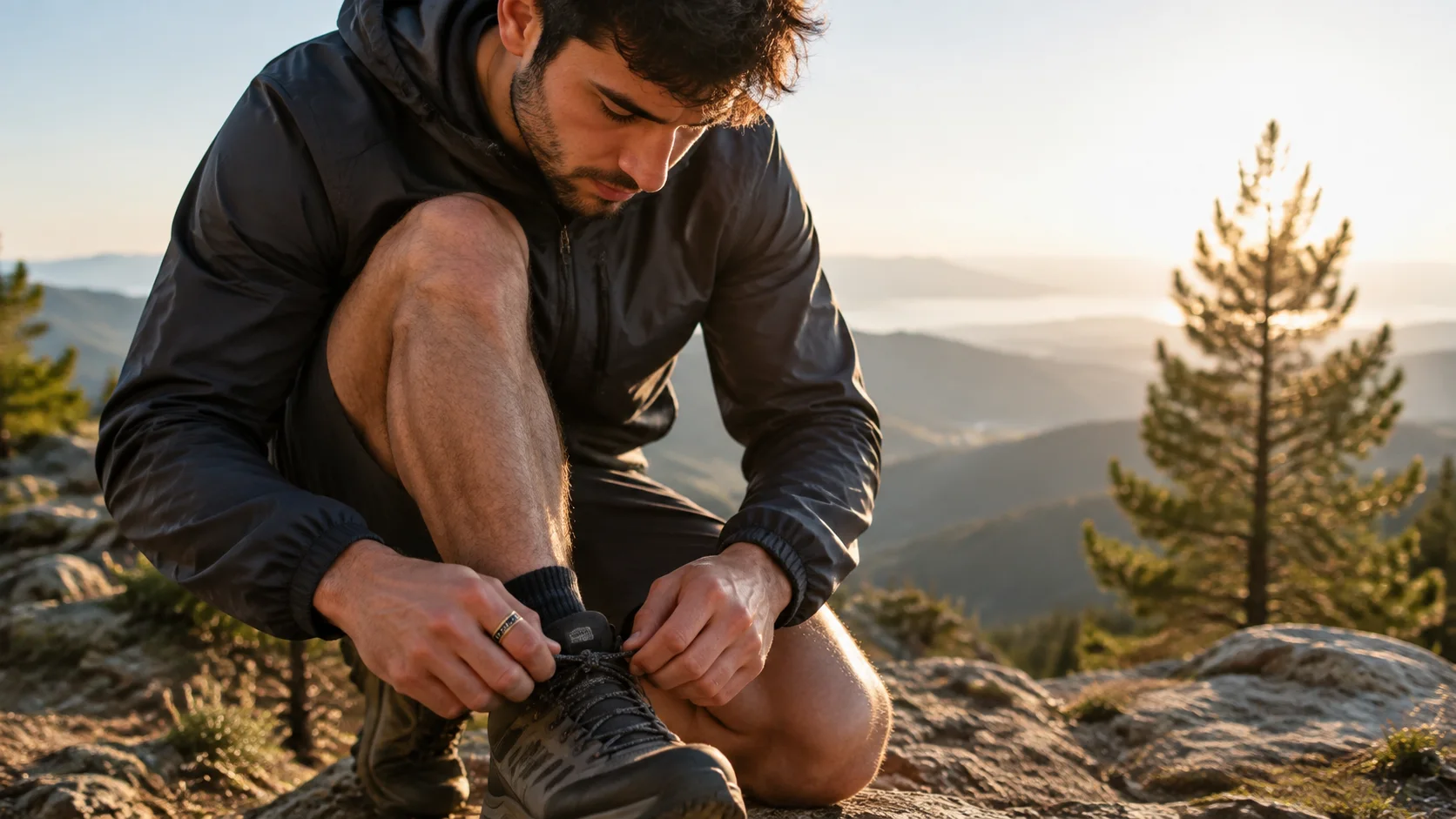 SAYDIAN R7 smart ring worn at a sunrise trailhead