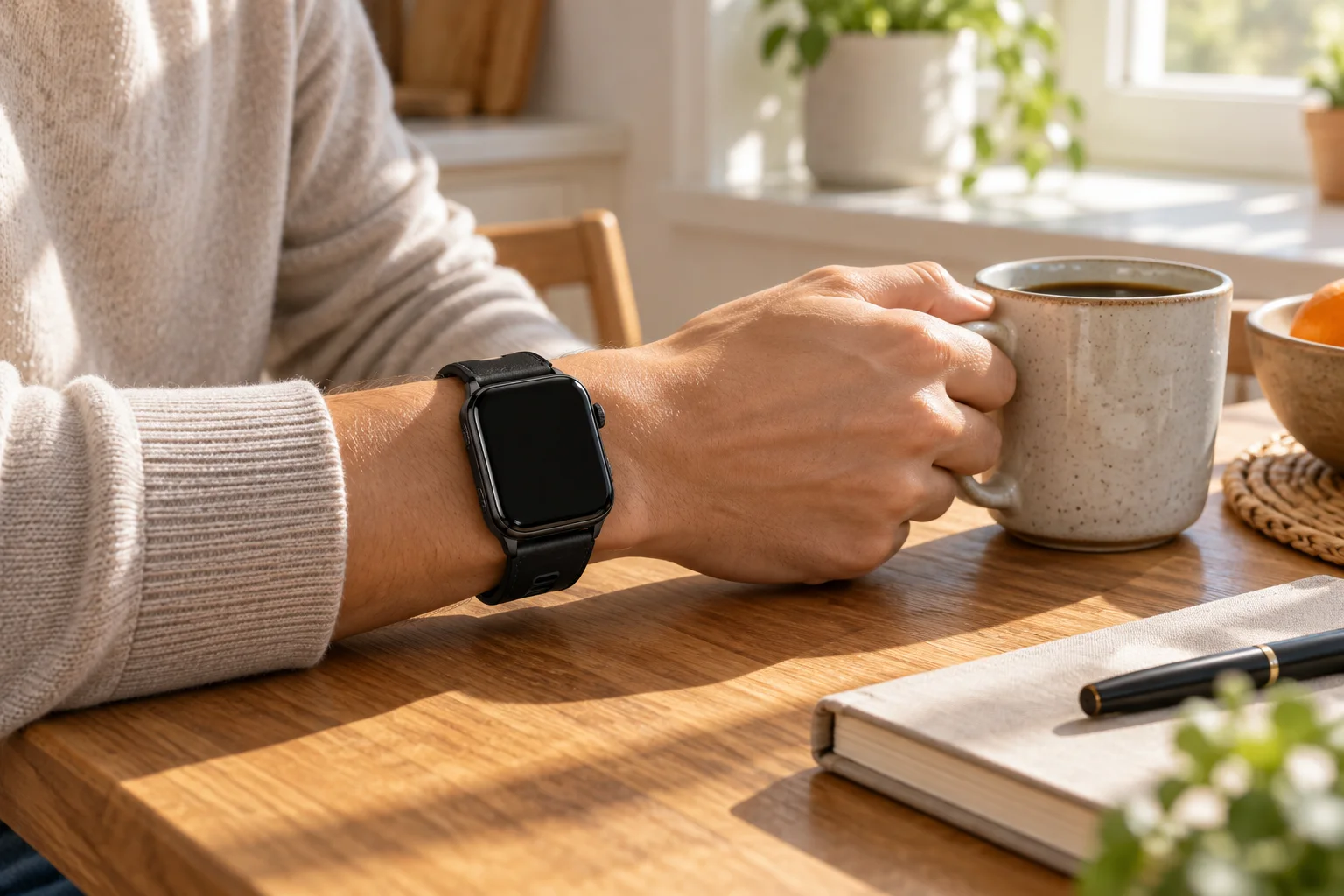 A black W7 PRO smartwatch worn during a quiet morning kitchen routine