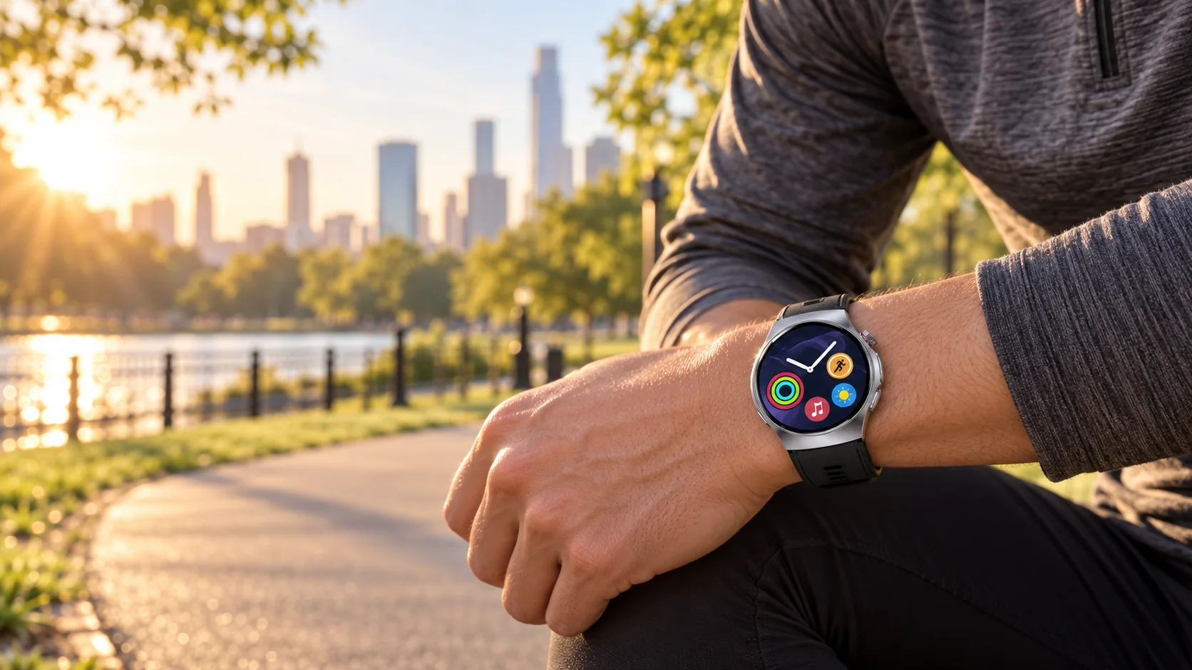 W9 Pro on a runner’s wrist beside a sunlit city-park path