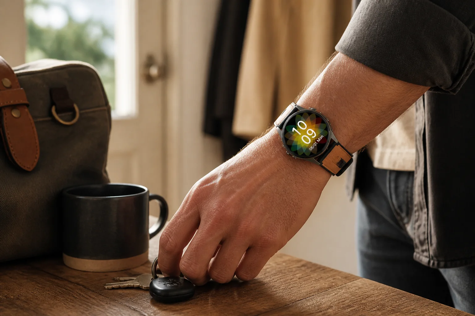 SAYDIAN W9 worn during a warm morning routine beside keys, coffee, and a work bag