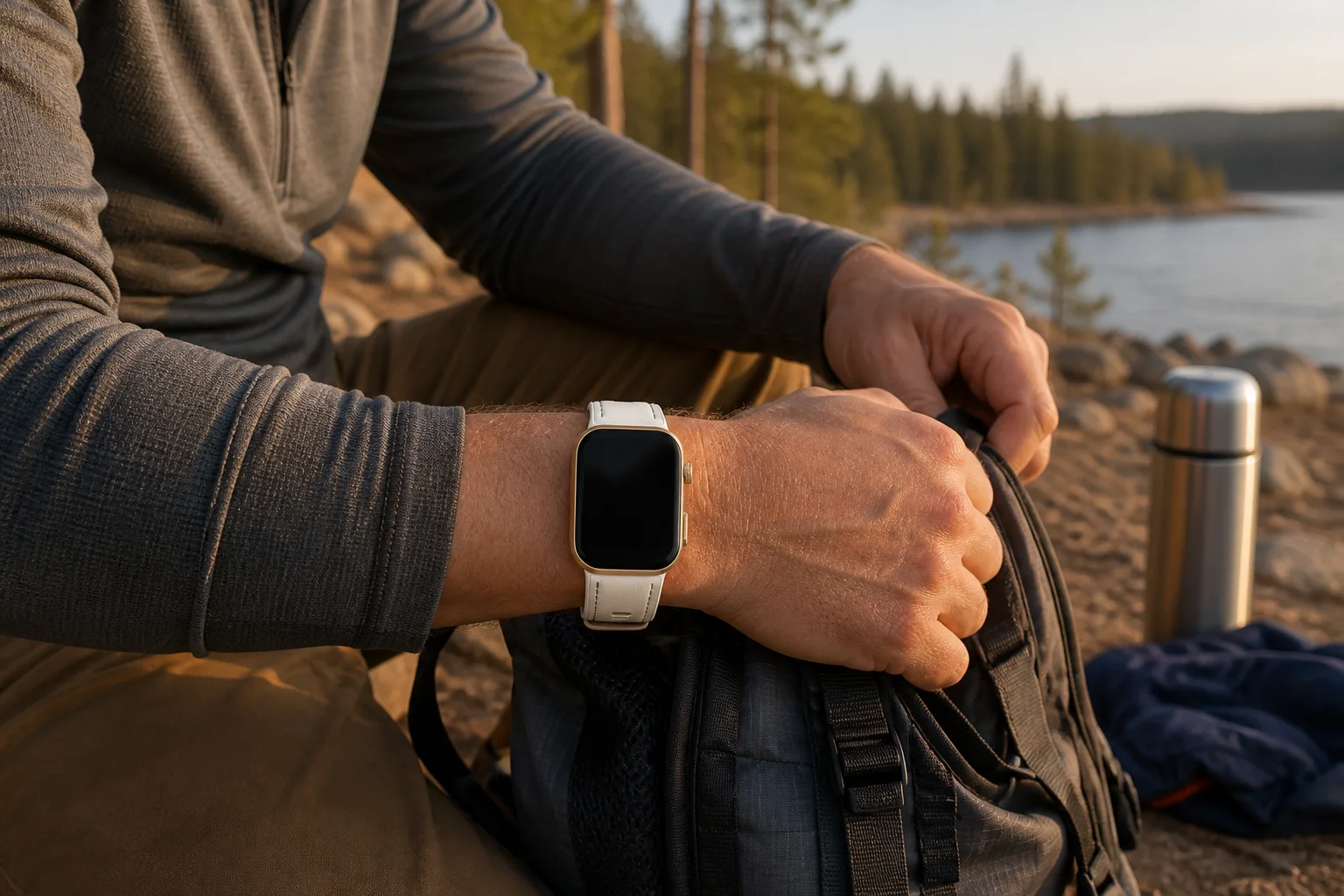 The W8 Ultra stays visible during a relaxed lakeside gear stop