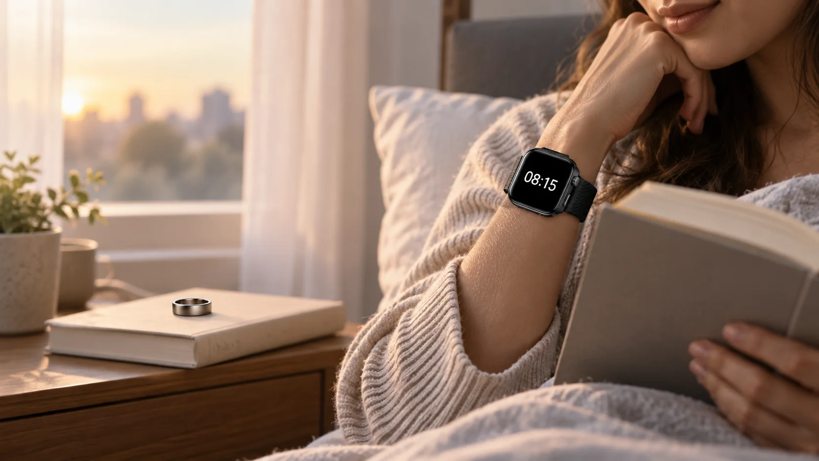 SAYDIAN W8S smartwatch worn during a quiet bedside morning, with a ring on a nearby book