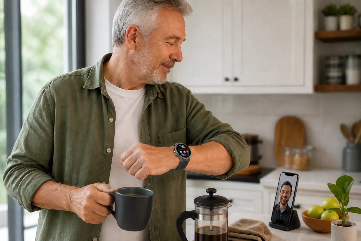 An older father wearing the SAYDIAN W8 checks his wrist during a morning family call in a bright kitchen.