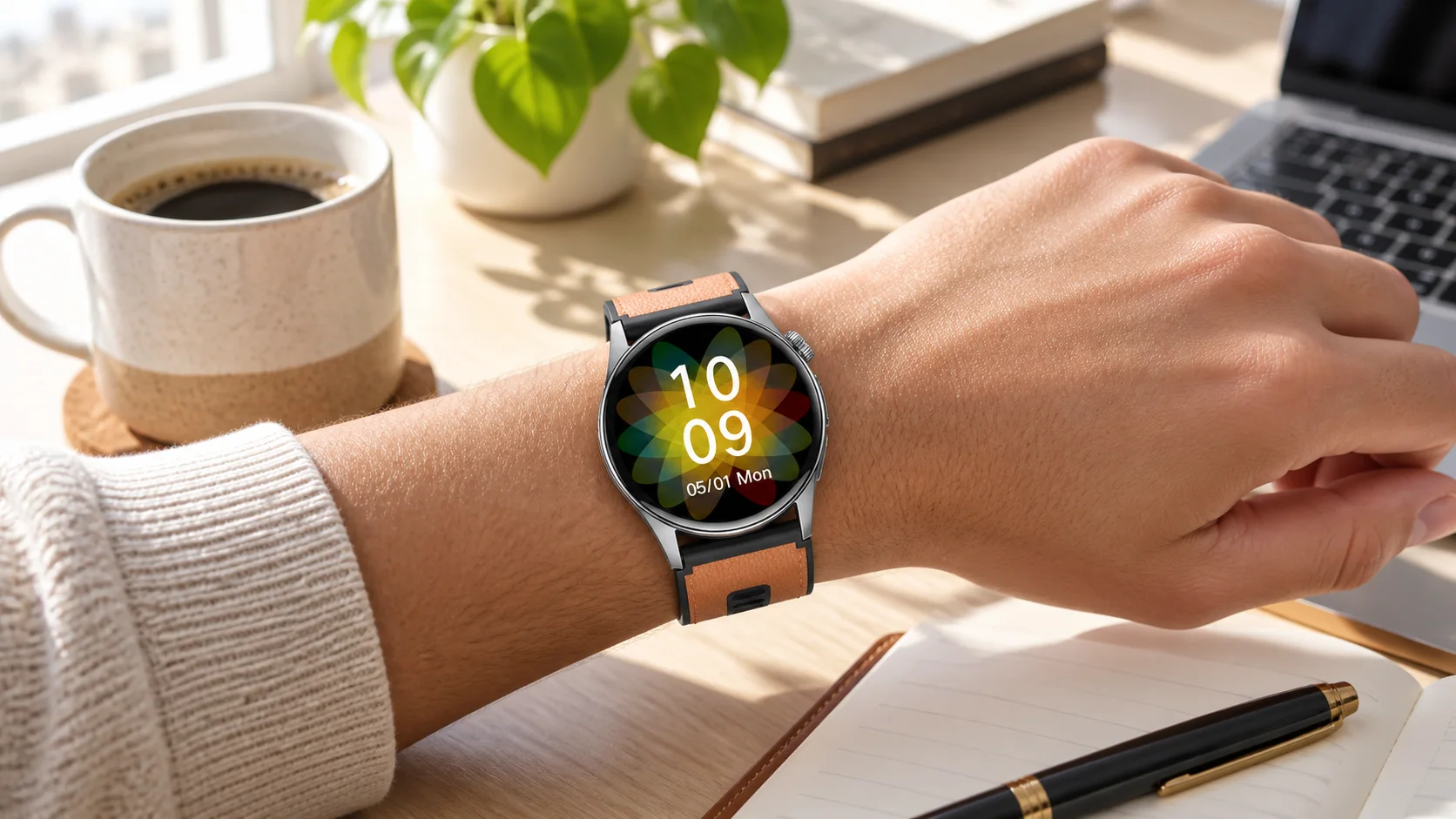 SAYDIAN W9 smartwatch during a quiet morning desk routine