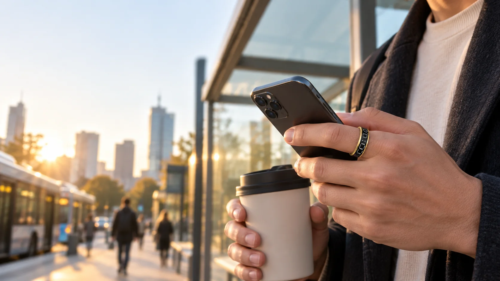 SAYDIAN R7 black and gold smart ring on a commuter's hand at a transit stop