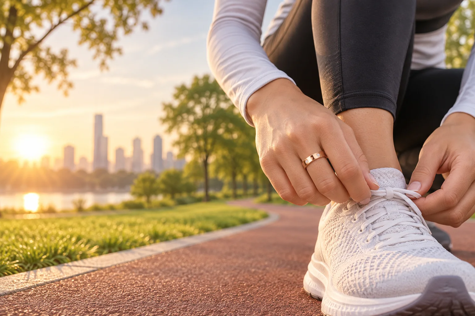 SAYDIAN R7Y smart ring on a runner’s hand at sunrise