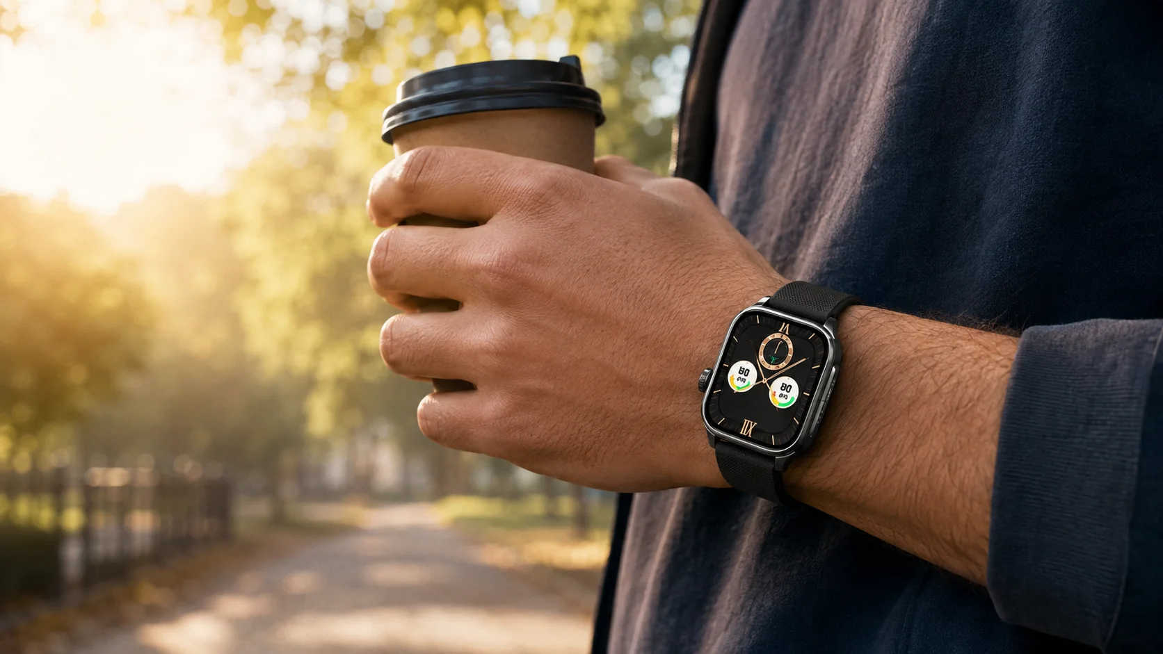 SAYDIAN W7 PRO worn during a calm golden-hour park coffee moment