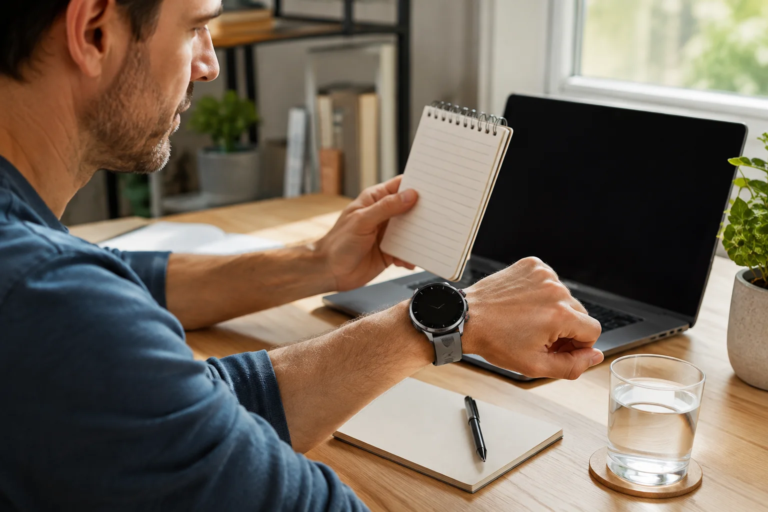 A SAYDIAN W8 worn at a bright home-office desk beside a weekly routine note