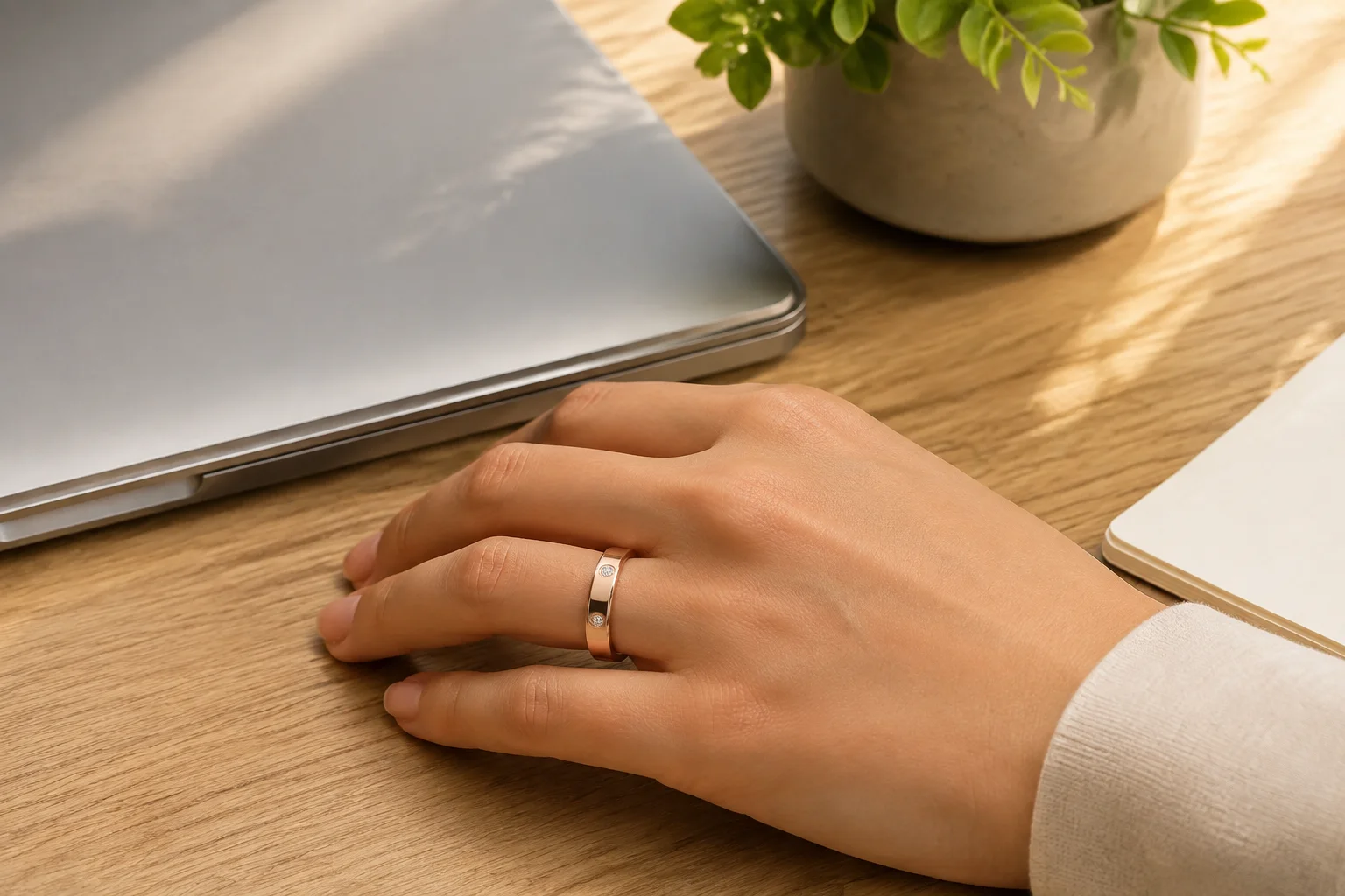 A rose-gold SAYDIAN R7Y smart ring in a quiet morning reading scene