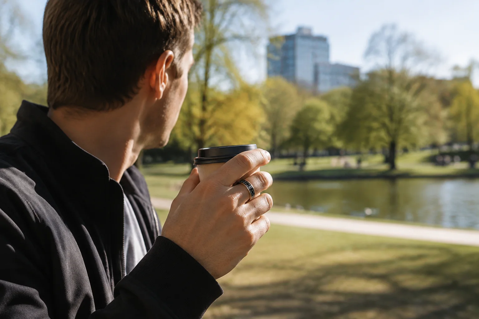 A SAYDIAN R7 smart ring during a relaxed urban park pause