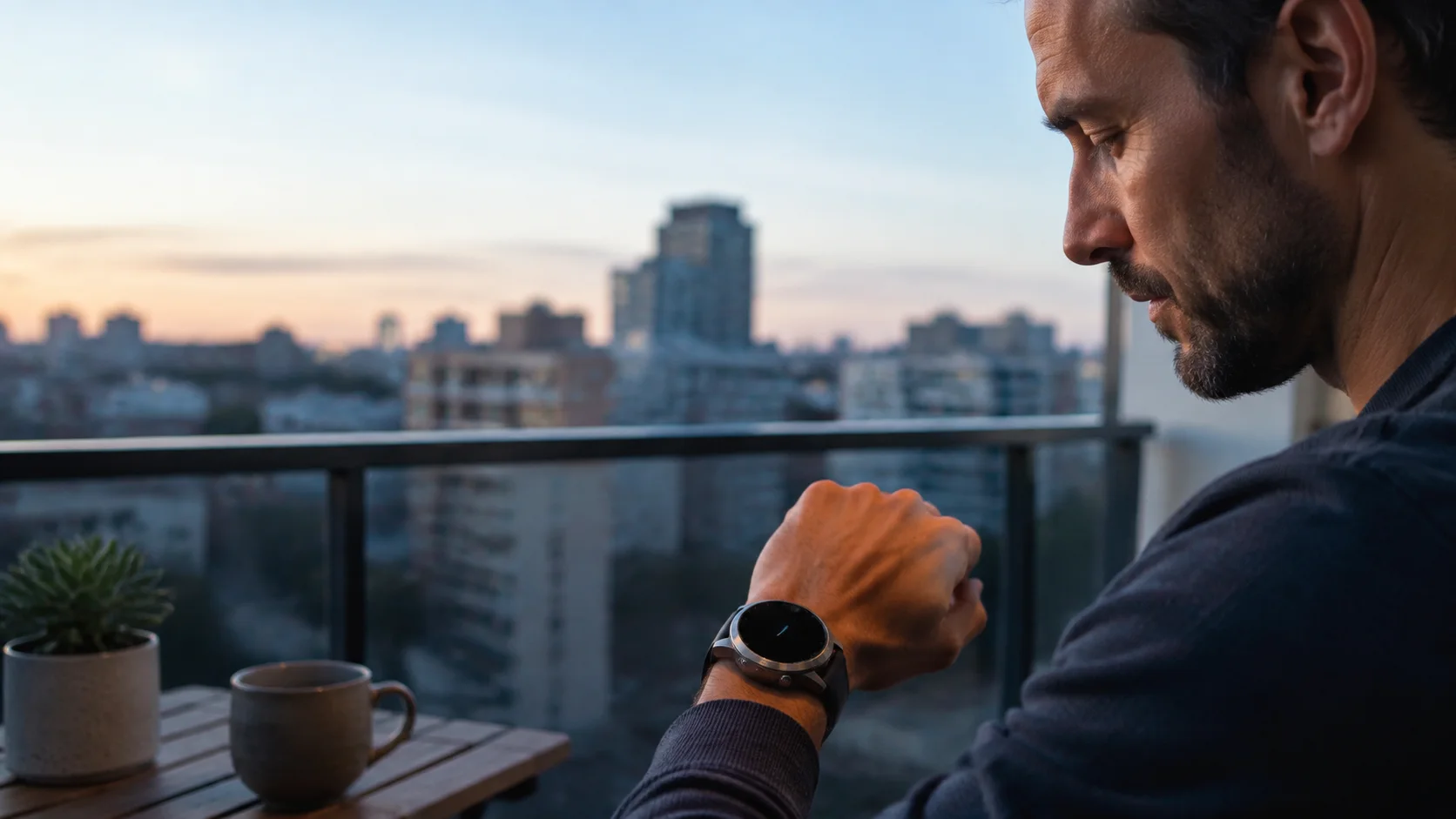 SAYDIAN W8 on a wrist during a reflective dawn balcony moment