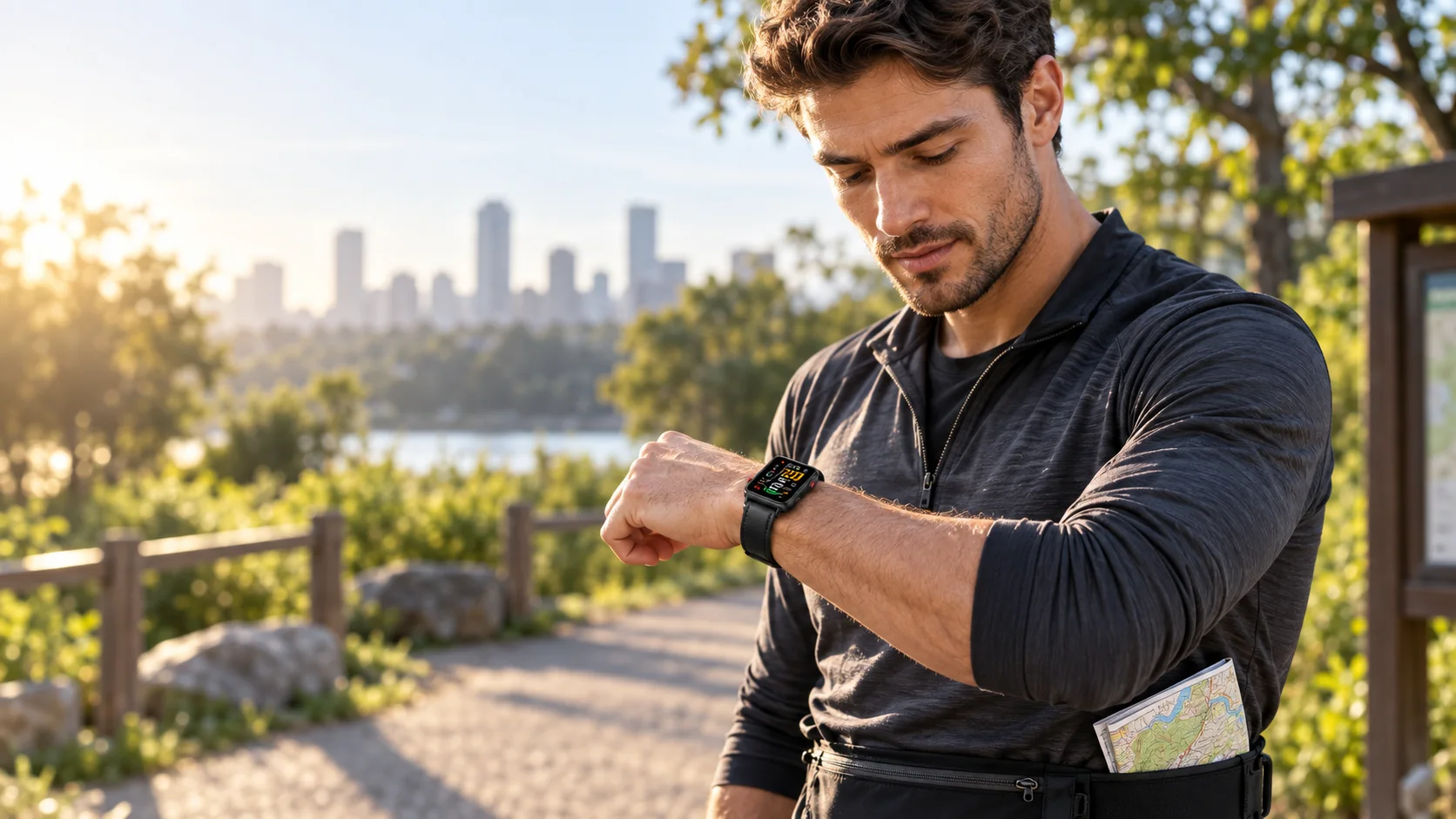 SAYDIAN B8 Smart Band on a runner’s wrist at an urban park trailhead