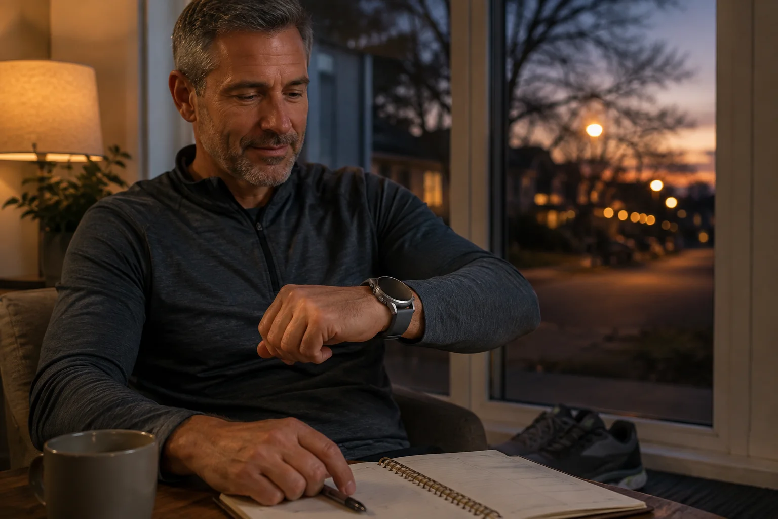 An adult wearing the SAYDIAN W8 reflects after a neighborhood walk beside a paper planner