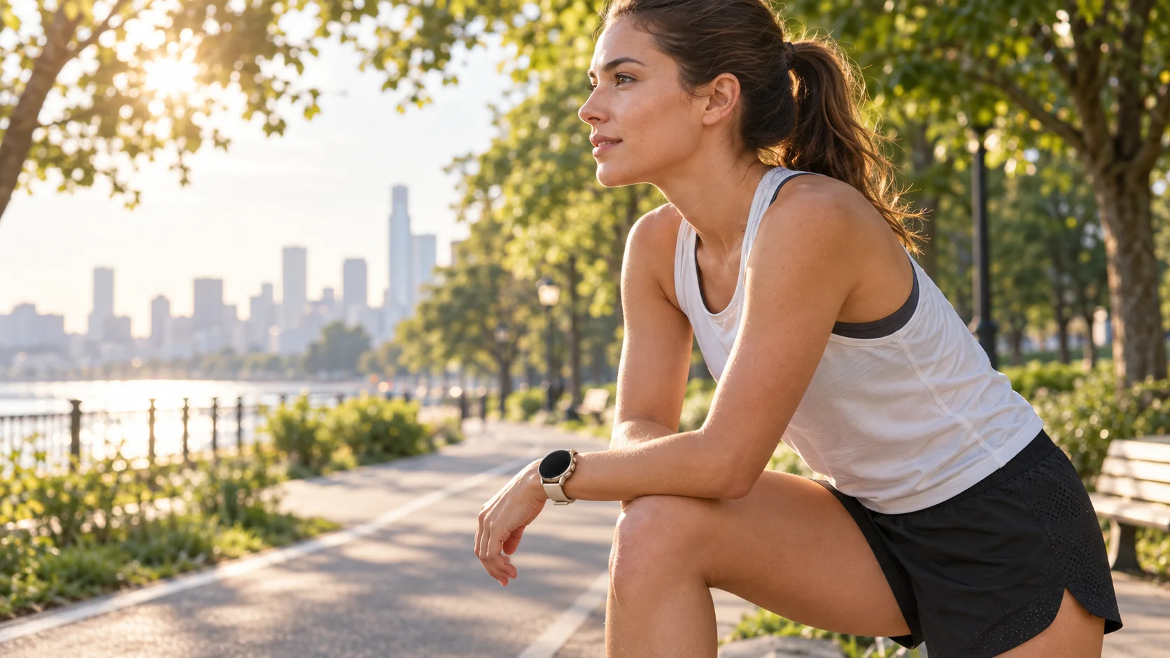 Runner pausing on a city park path while wearing the SAYDIAN W8 Ultra-R