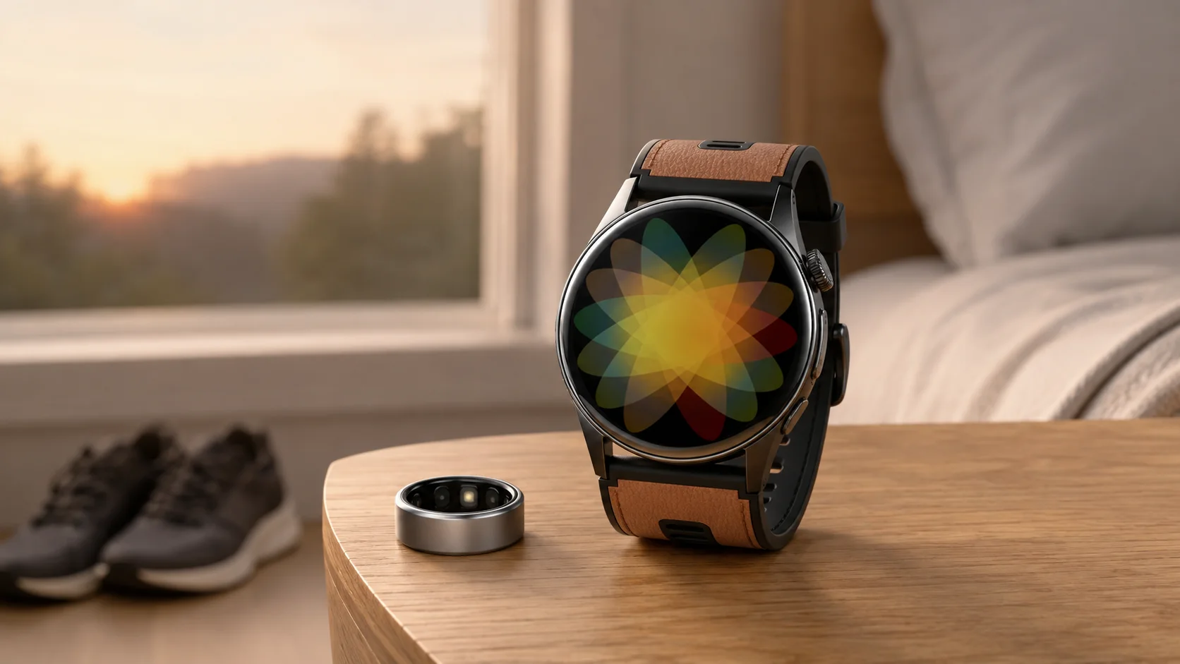 SAYDIAN W9 smartwatch beside a simple smart ring and running shoes in a calm dawn bedroom scene