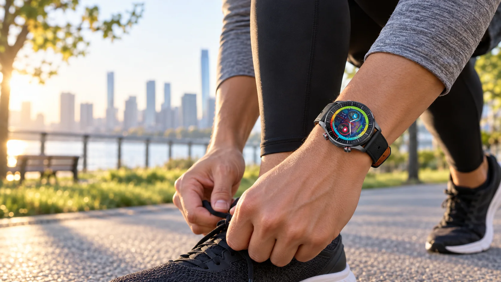 SAYDIAN E8 smartwatch on a runner’s wrist at an urban park
