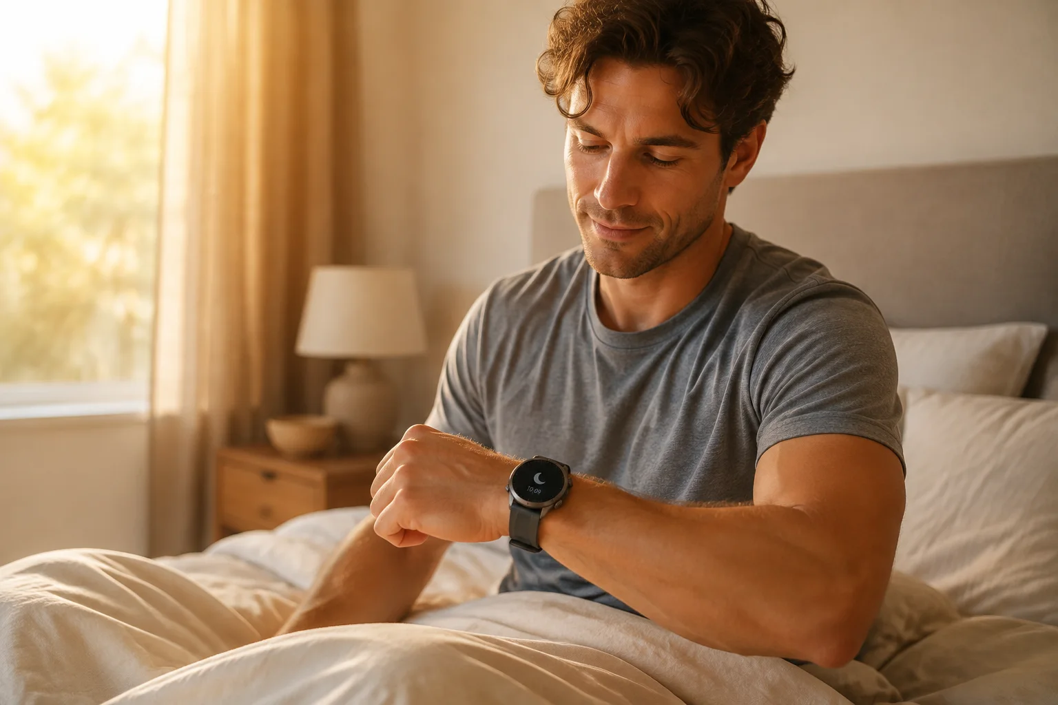 A person reviews the SAYDIAN W8 after waking in a softly lit bedroom.