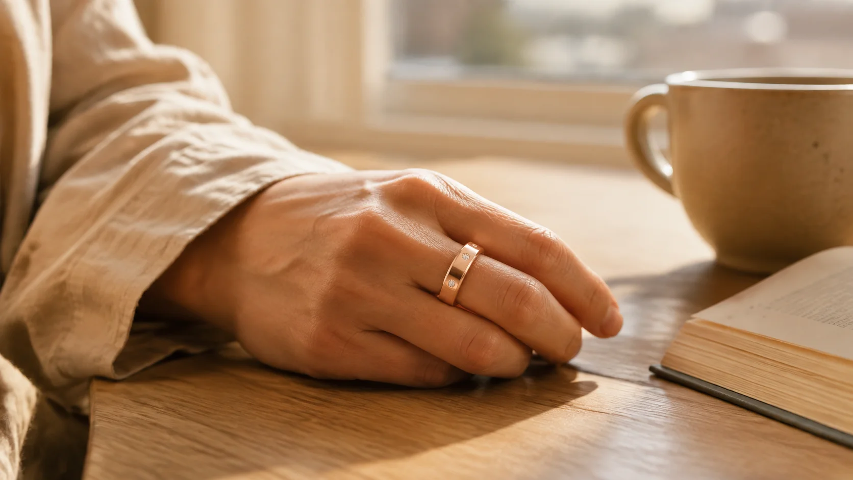 Rose-gold SAYDIAN R7Y smart ring in a quiet morning reading setting