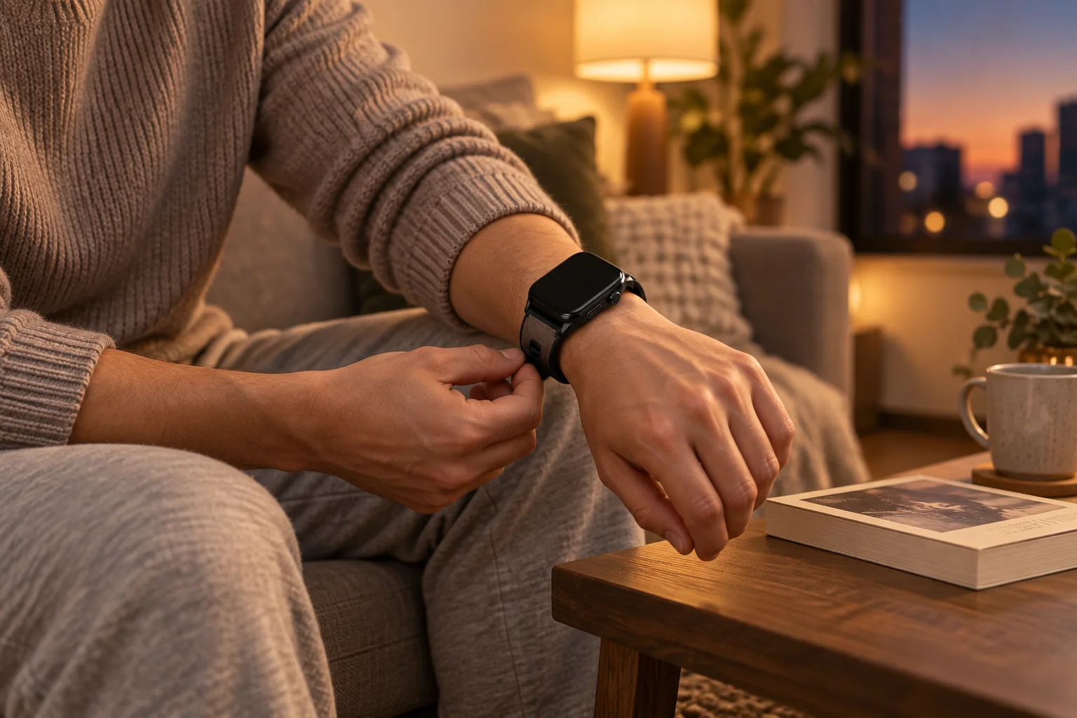 A black W7 PRO smartwatch being fastened during a relaxed evening routine