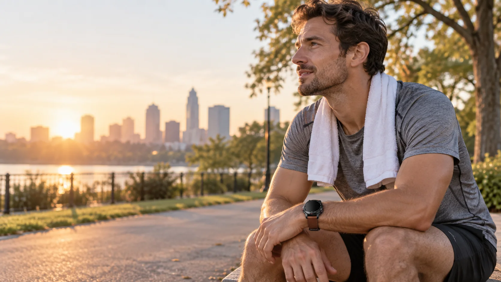 SAYDIAN E8 smartwatch with brown strap in an outdoor running setting