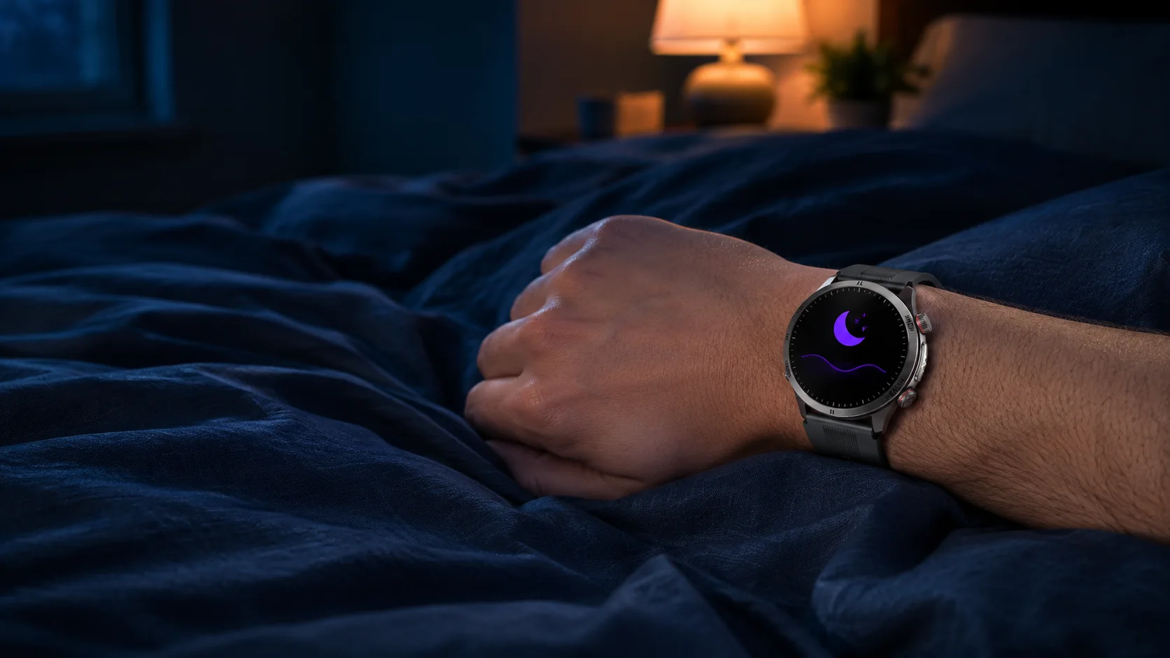 SAYDIAN W8 smartwatch on a wrist resting on navy bedding beside a warm bedside lamp.