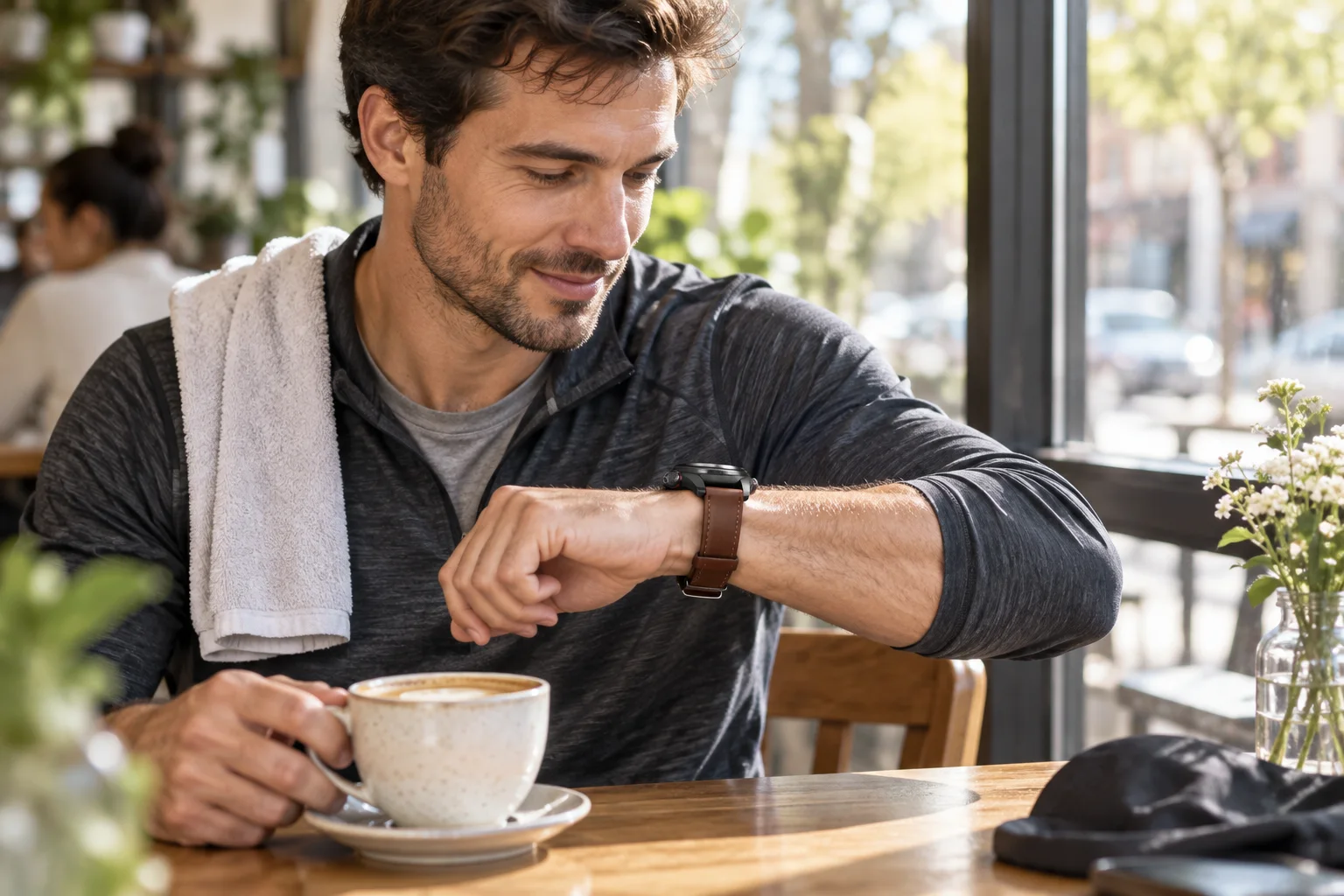 SAYDIAN E8 worn at a sunny coffee shop after a run