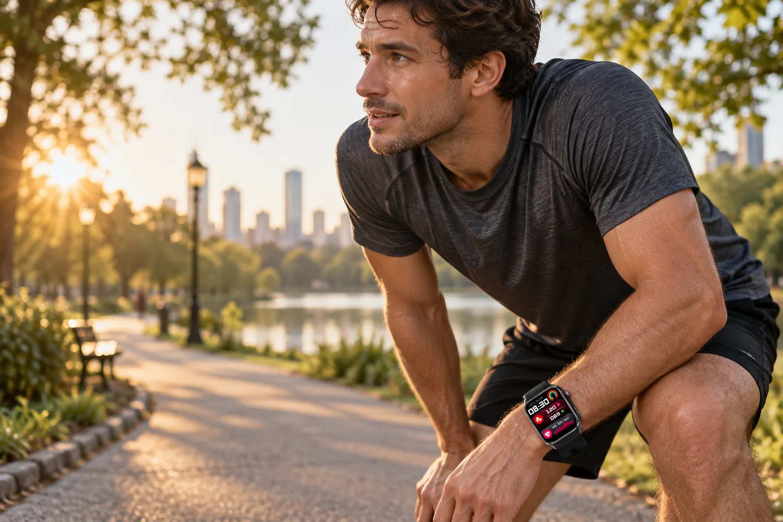 Runner pausing on a city park path while wearing the black SAYDIAN W9S