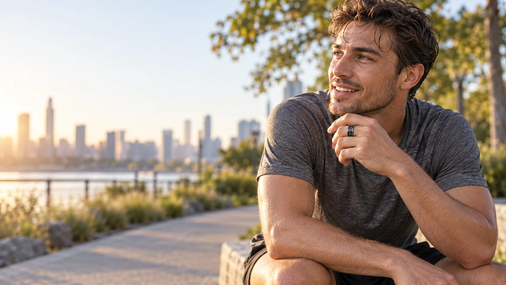 SAYDIAN R7 smart ring worn by a runner on a calm urban path.