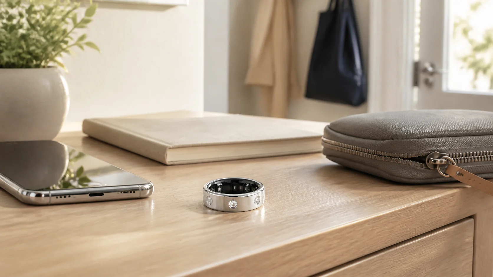 Silver SAYDIAN R7Y smart ring on a modern entryway table beside everyday essentials