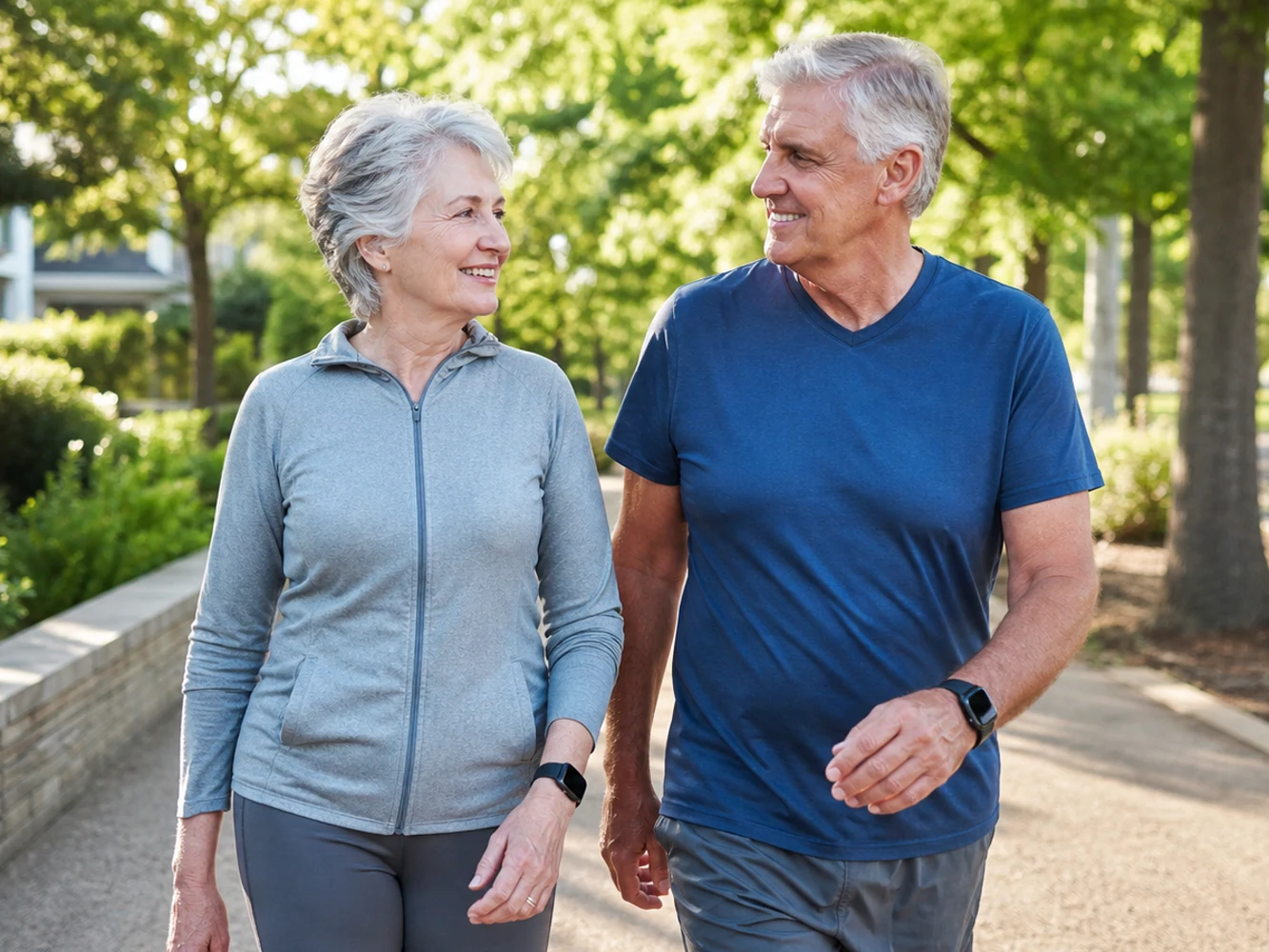Older adults walking outdoors with smart wearables