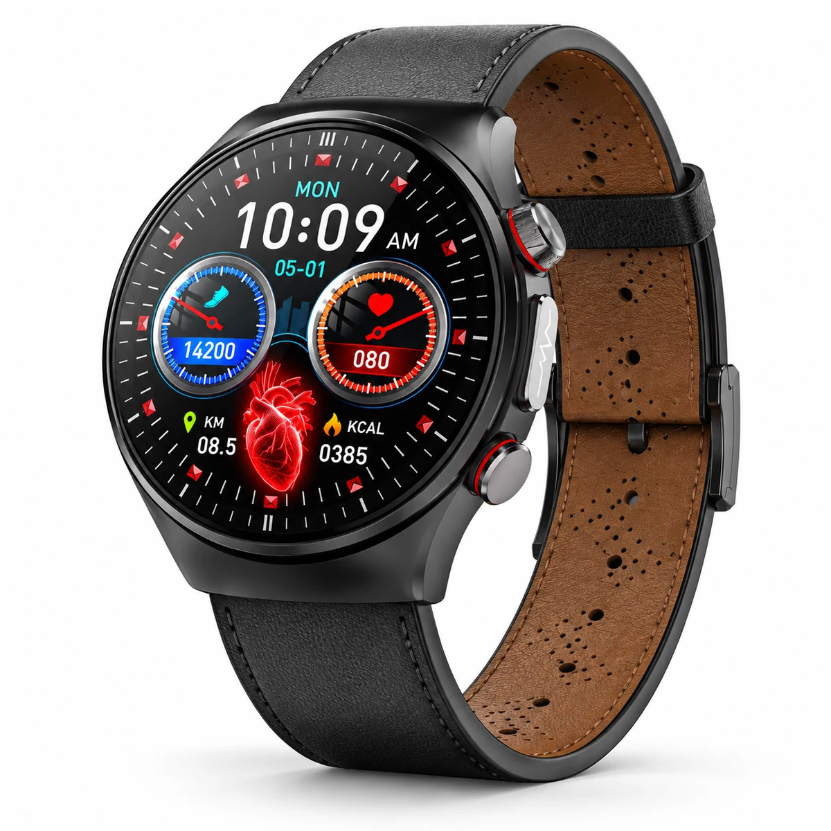 E8 ECG health watch with black leather strap